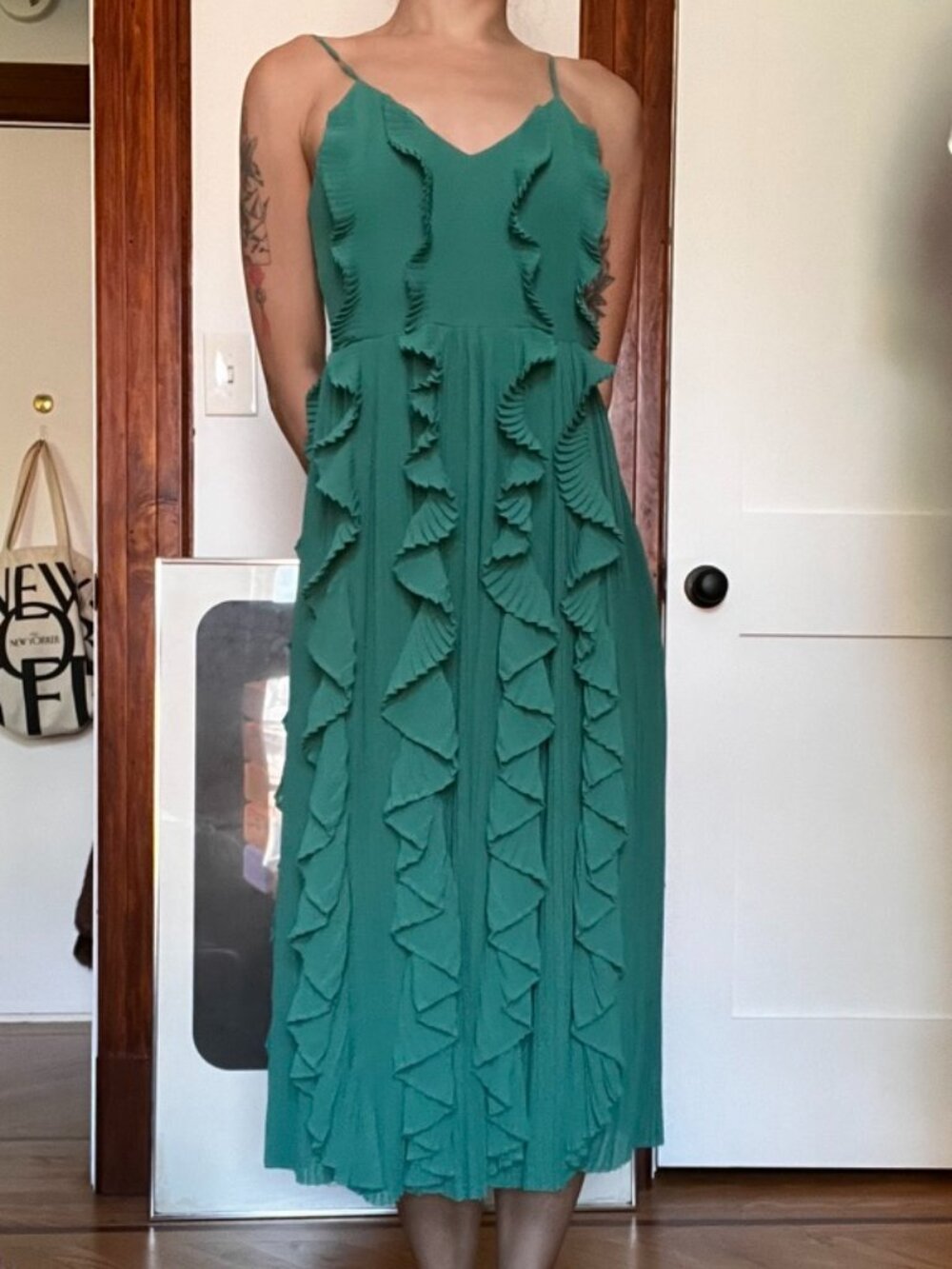 Green Ruffled Spaghetti Strap Mid Dress